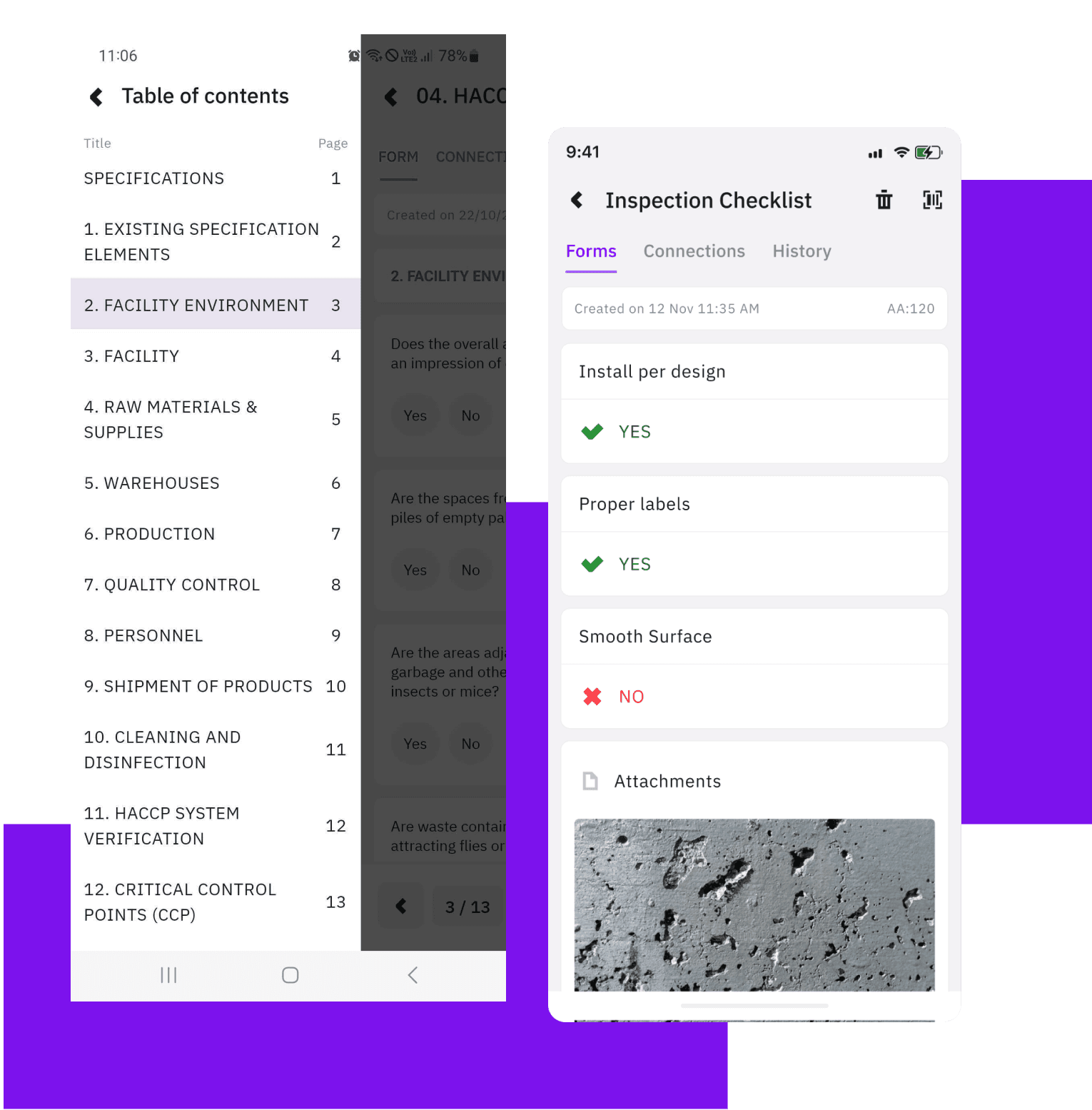 Audits & Inspections Hero Dual Mobile View Mobile view of Tekmon's Audits & Inspections Dashboard. One for the table of contents and another showcasing an inspection checklist.